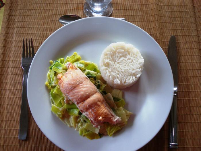 Saumon fondu de poireaux riz